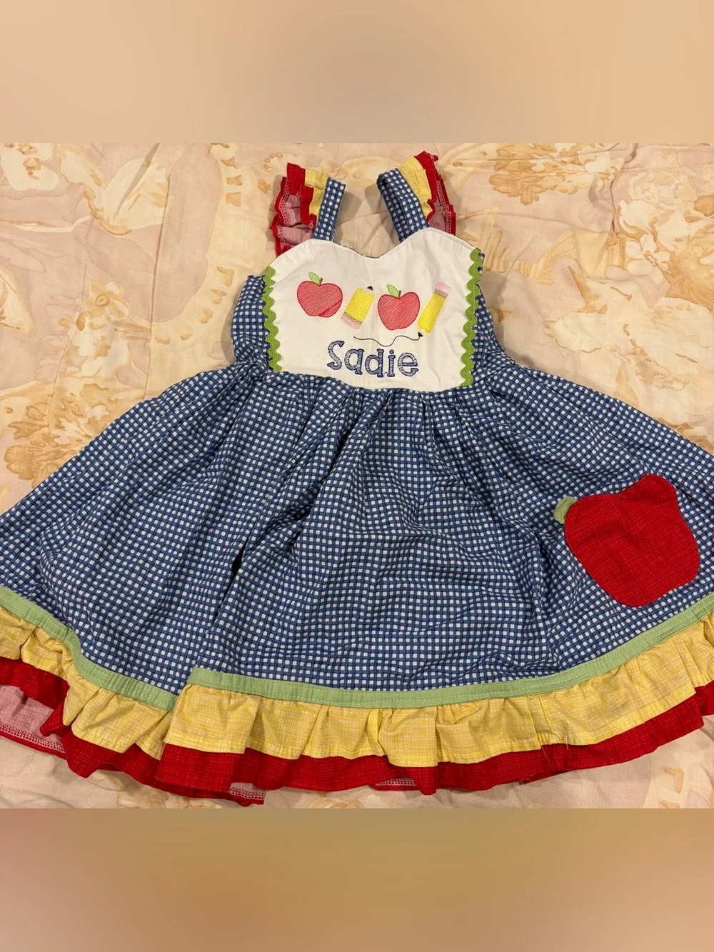 Sadie Blue Gingham Apple Patch Kids Dress with Yellow & Red Ruffle